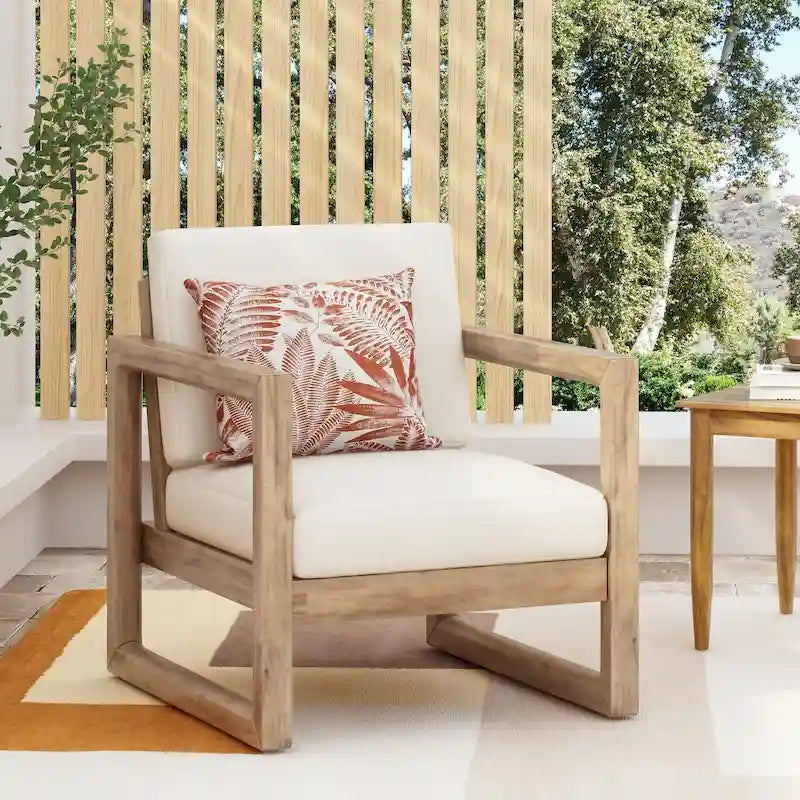 Poltrona da club da esterno in legno di acacia con cuscini, marrone e beige, 29,5 P X 27,5 L X 31,5 H