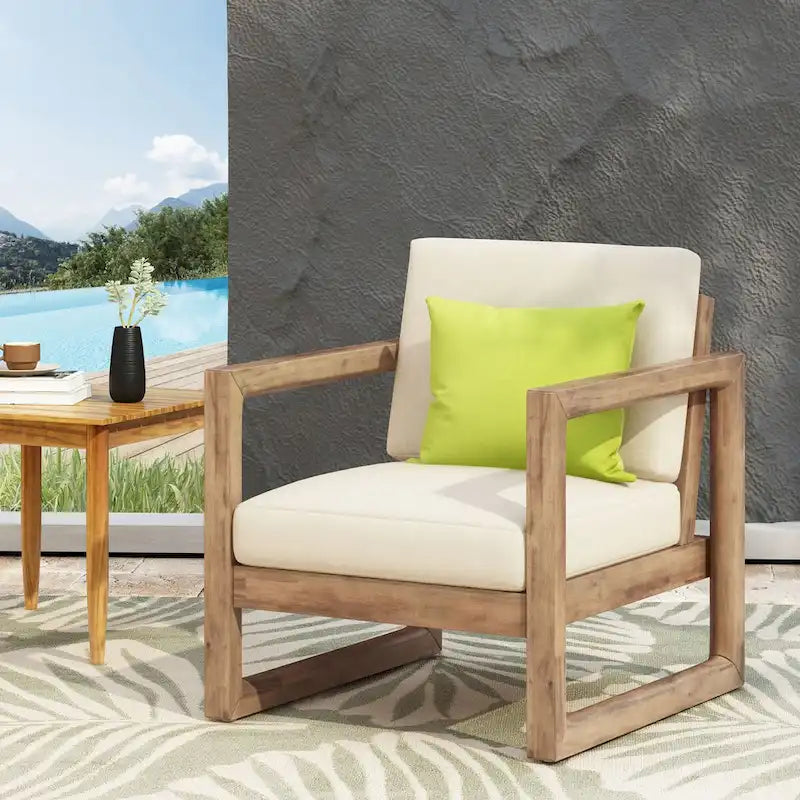 Poltrona da club da esterno in legno di acacia con cuscini, marrone e beige, 29,5 P X 27,5 L X 31,5 H