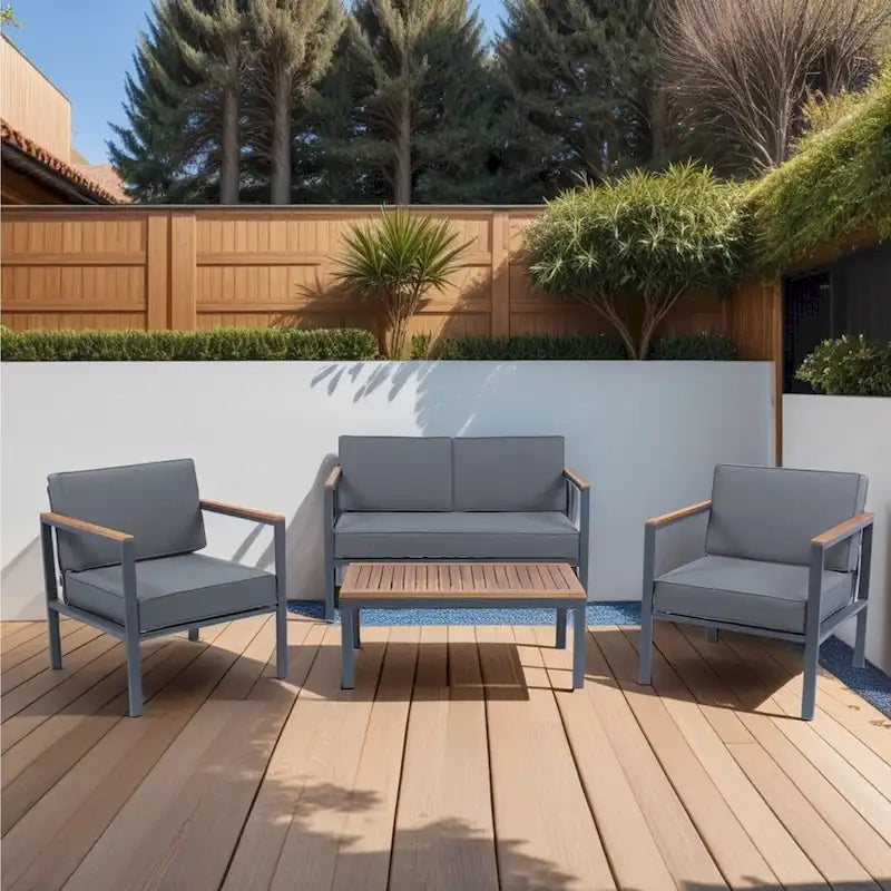 Set Divano da Esterno 4 Pezzi con Piano in Legno di Acacia e Cuscini Grigio Scuro - 28,35*46,46*27,56 pollici