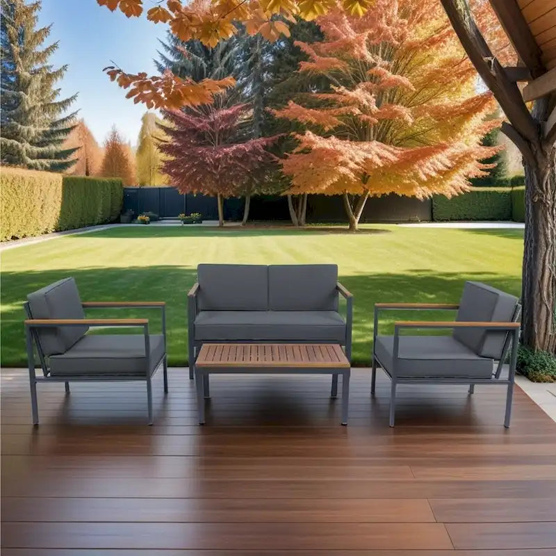 Set Divano da Esterno 4 Pezzi con Piano in Legno di Acacia e Cuscini Grigio Scuro - 28,35*46,46*27,56 pollici
