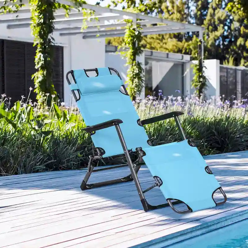 Outdoor Folding Chaise Lounge, 2-in-1 Tanning Chair with PillowArmrests & Pocket
