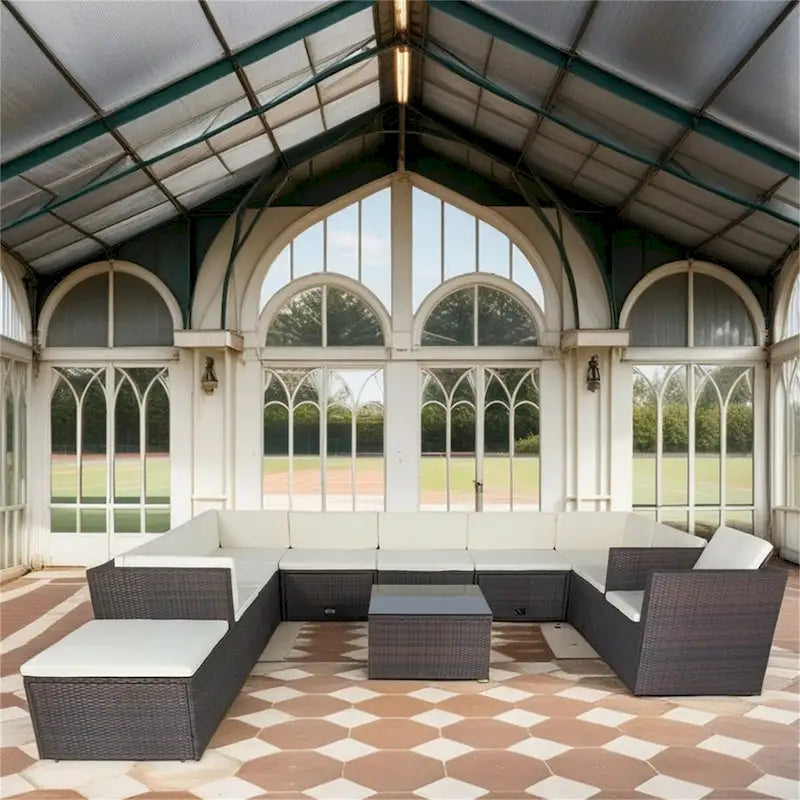 Set sezionale per patio in vimini da 11 pezzi per 10 persone con contenitore
