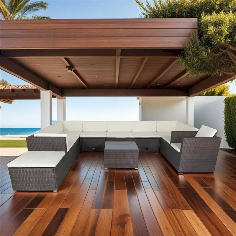 Set sezionale per patio in vimini da 11 pezzi per 10 persone con contenitore
