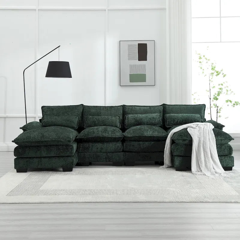 Moderno divano componibile a U grande in tessuto ciniglia con pouf, divano reversibile per soggiorno