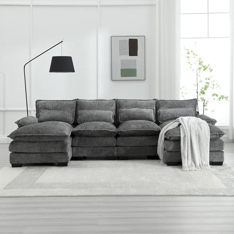 Moderno divano componibile a U grande in tessuto ciniglia con pouf, divano reversibile per soggiorno