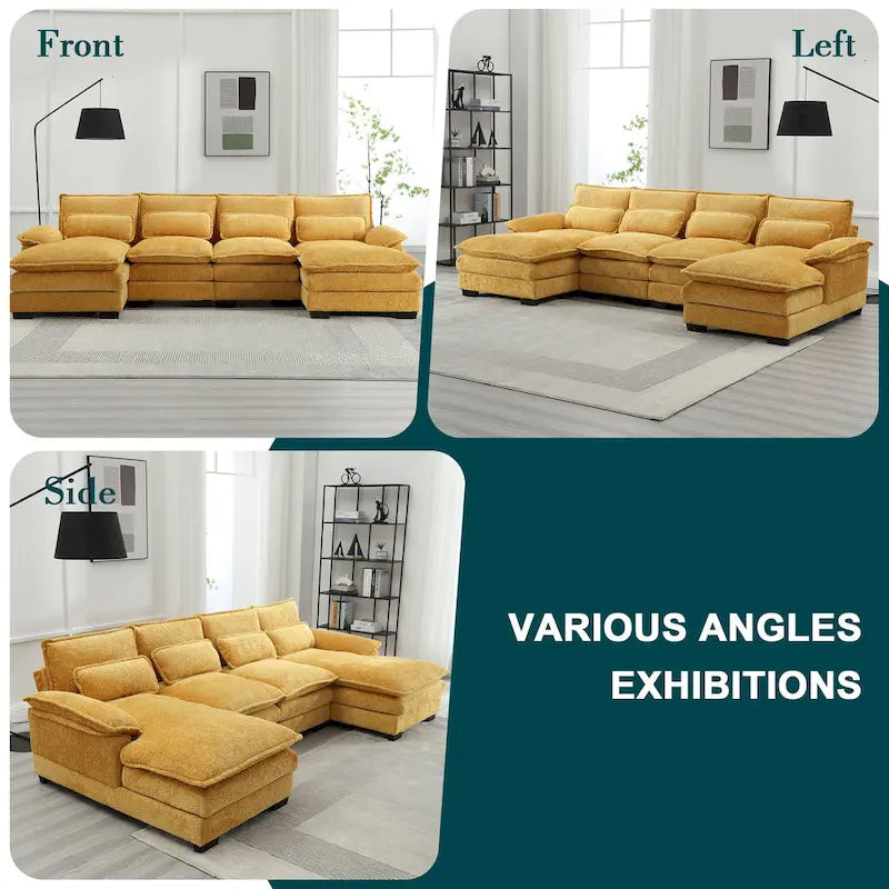 Moderno divano componibile a U grande in tessuto ciniglia con pouf, divano reversibile per soggiorno