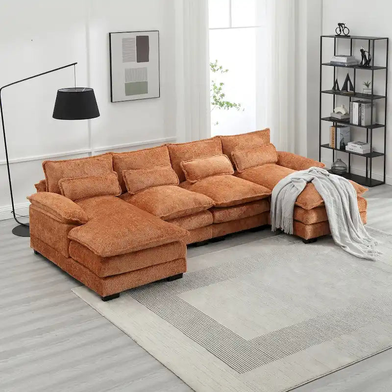 Moderno divano componibile a U grande in tessuto ciniglia con pouf, divano reversibile per soggiorno