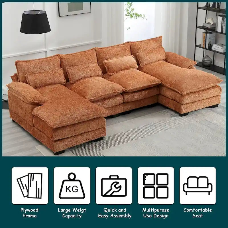 Moderno divano componibile a U grande in tessuto ciniglia con pouf, divano reversibile per soggiorno