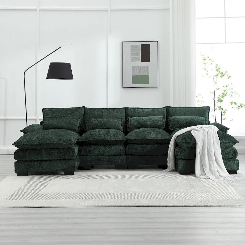 Moderno divano componibile a U grande in tessuto ciniglia con pouf, divano reversibile per soggiorno