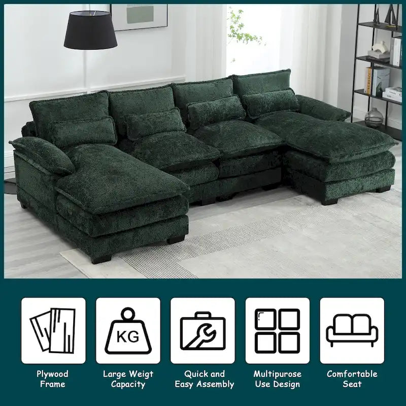 Moderno divano componibile a U grande in tessuto ciniglia con pouf, divano reversibile per soggiorno