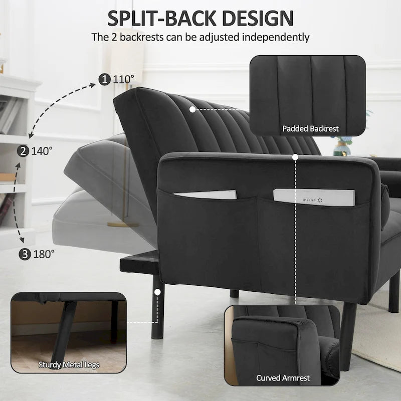 Divano Letto Futon in Velluto Convertibile con Schienale Regolabile, Daybed Letto per Ospiti per Soggiorno - 2 Posti