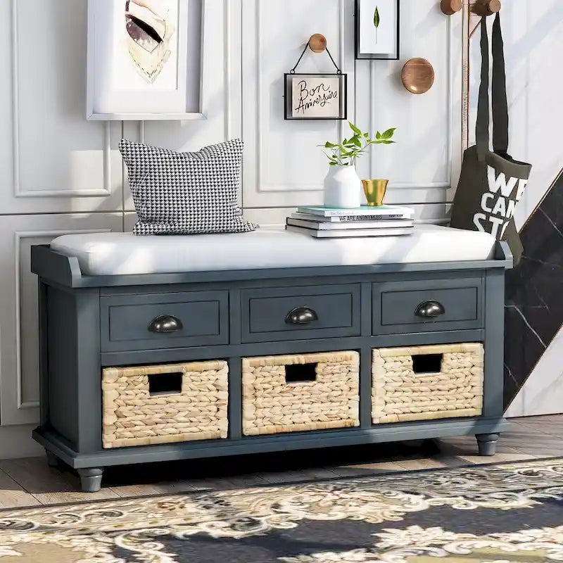 Banc de rangement rustique avec 3 tiroirs et 3 paniers en rotin, banc à chaussures pour salon, entrée