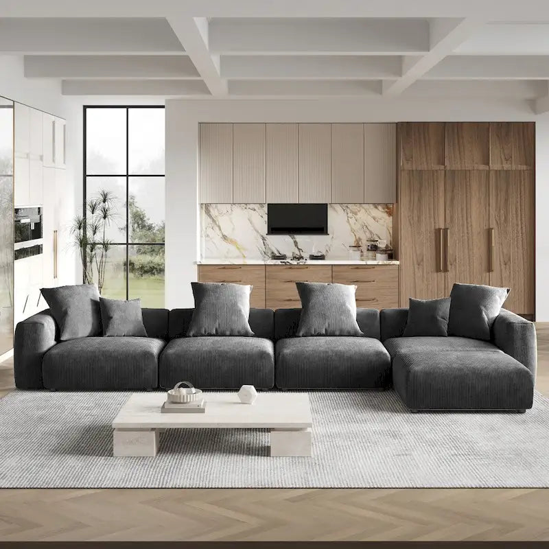 Divano sezionale in velluto a coste oversize con pouf, divano a L convertibile con seduta profonda per soggiorno moderno
