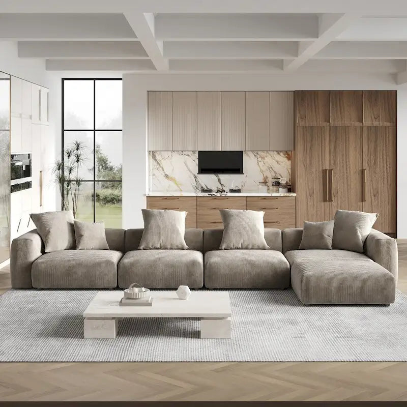 Canapé d'angle surdimensionné en velours côtelé avec pouf, canapé modulable en L à assise profonde pour salon moderne