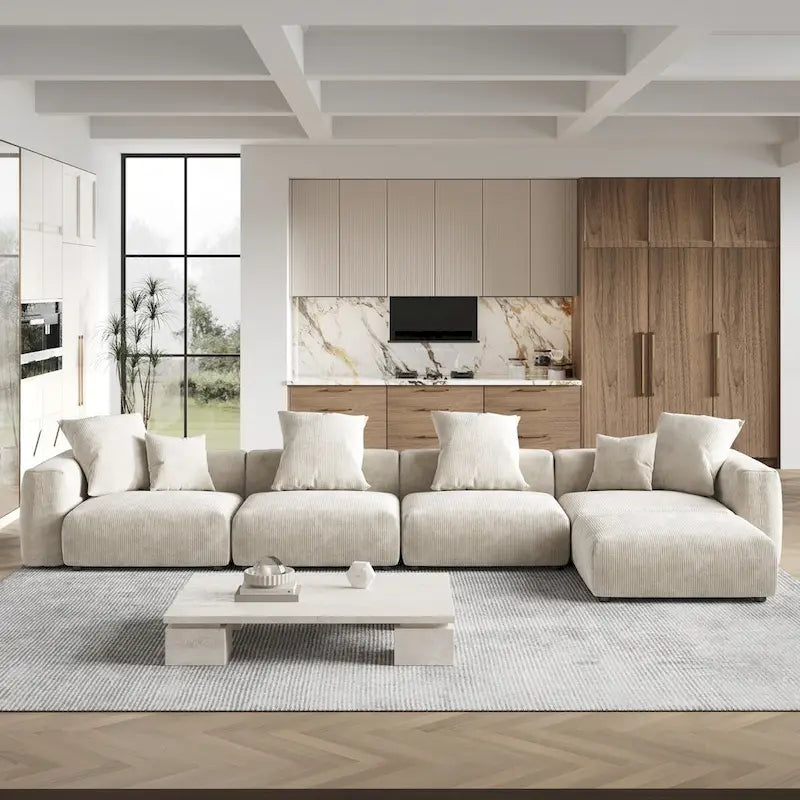 Divano sezionale in velluto a coste oversize con pouf, divano a L convertibile con seduta profonda per soggiorno moderno