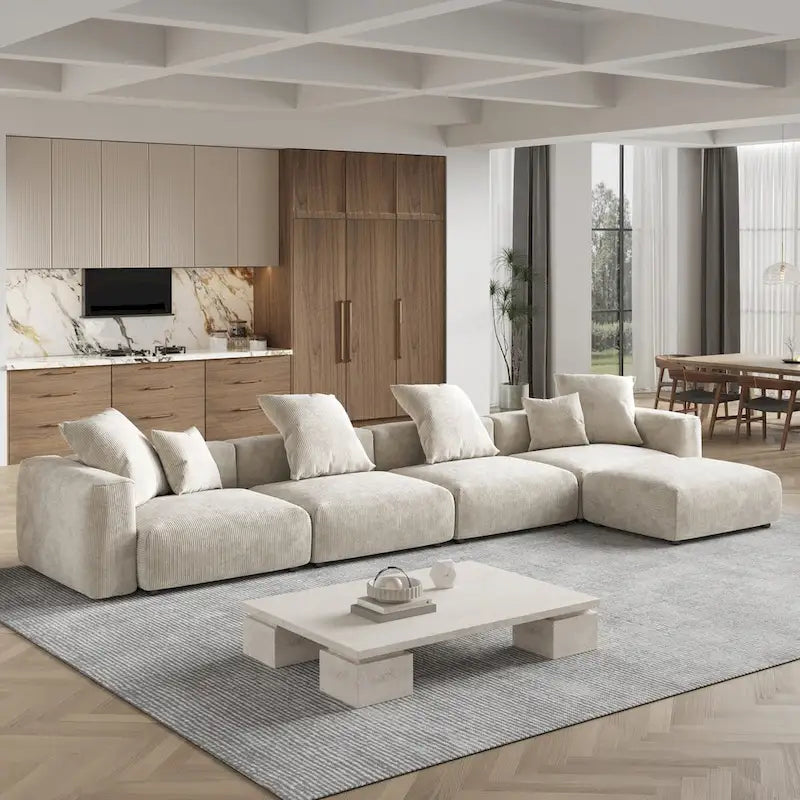 Divano sezionale in velluto a coste oversize con pouf, divano a L convertibile con seduta profonda per soggiorno moderno