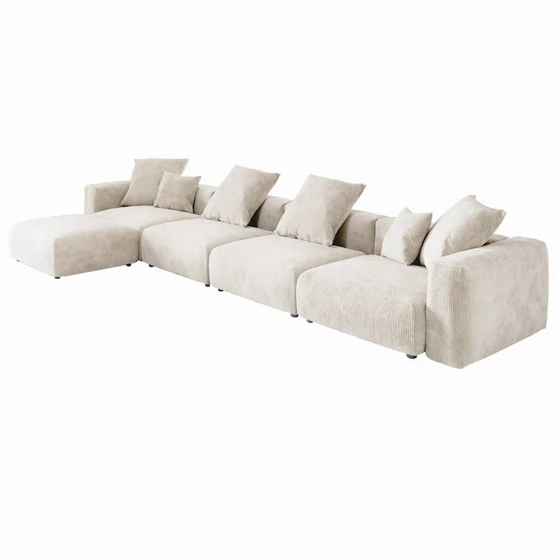 Divano sezionale in velluto a coste oversize con pouf, divano a L convertibile con seduta profonda per soggiorno moderno