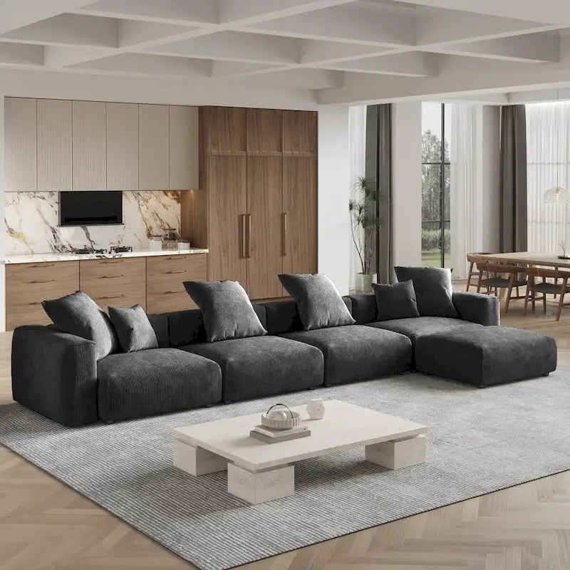 Divano sezionale in velluto a coste oversize con pouf, divano a L convertibile con seduta profonda per soggiorno moderno