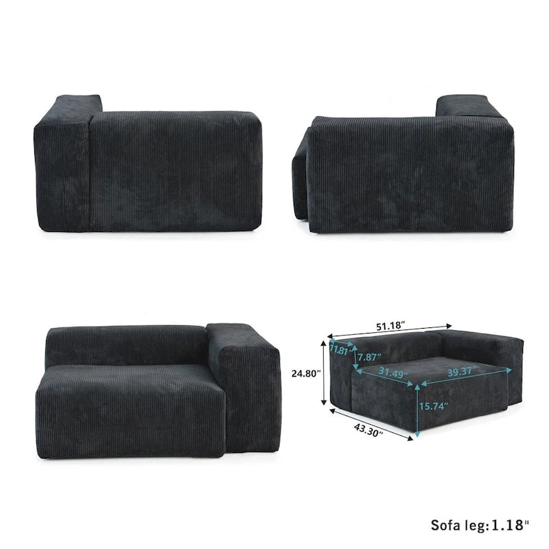Divano sezionale in velluto a coste oversize con pouf, divano a L convertibile con seduta profonda per soggiorno moderno