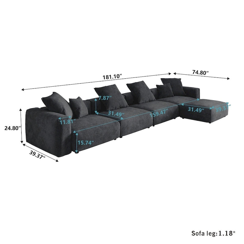 Divano sezionale in velluto a coste oversize con pouf, divano a L convertibile con seduta profonda per soggiorno moderno