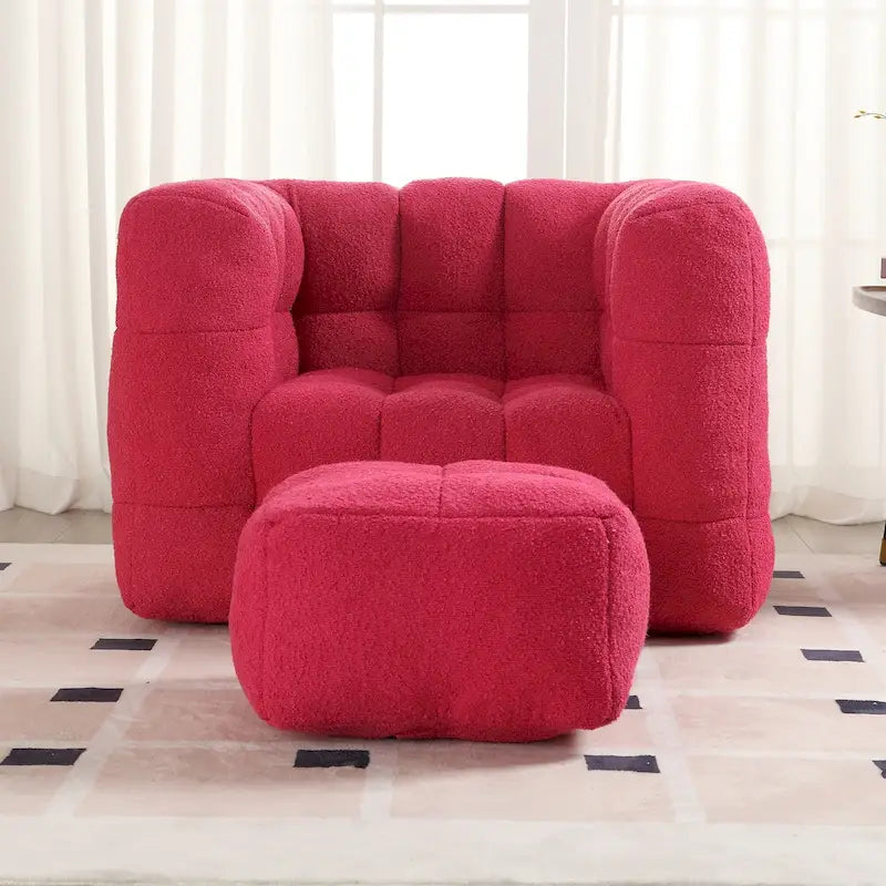 HOMEFUN Poltrona singola moderna trapuntata in Bouclé con pouf