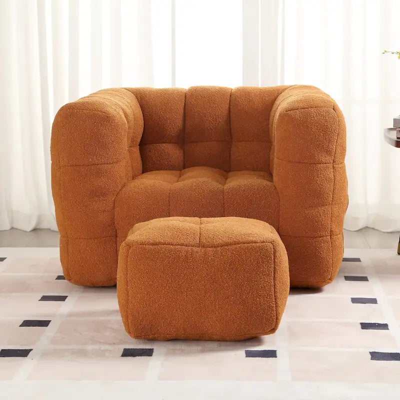 HOMEFUN Poltrona singola moderna trapuntata in Bouclé con pouf