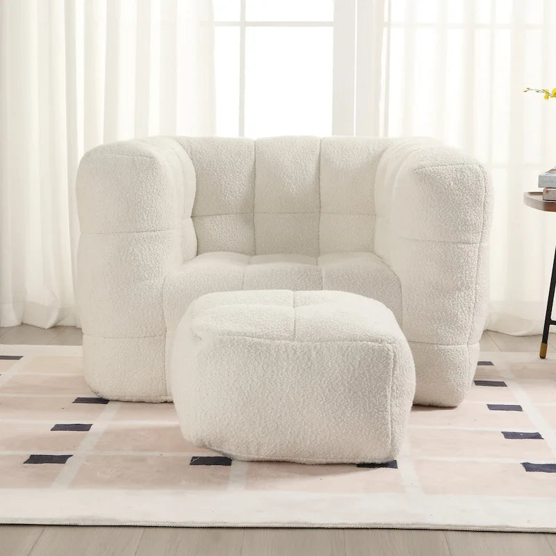 HOMEFUN Poltrona singola moderna trapuntata in Bouclé con pouf