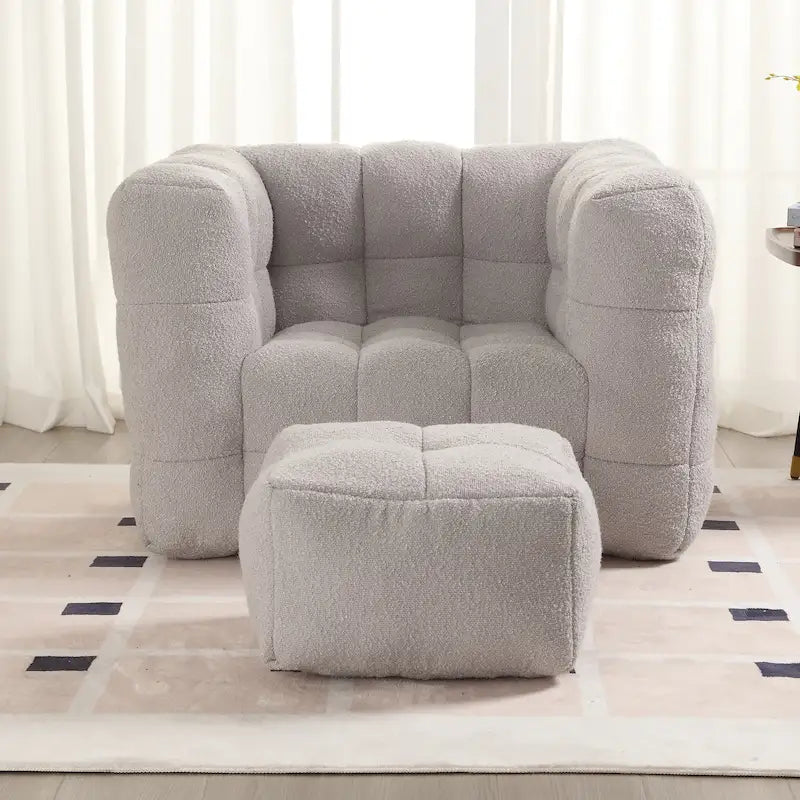 HOMEFUN Poltrona singola moderna trapuntata in Bouclé con pouf