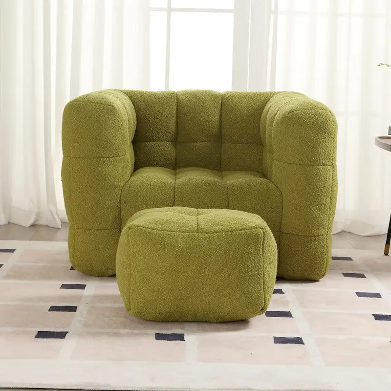 HOMEFUN Poltrona singola moderna trapuntata in Bouclé con pouf