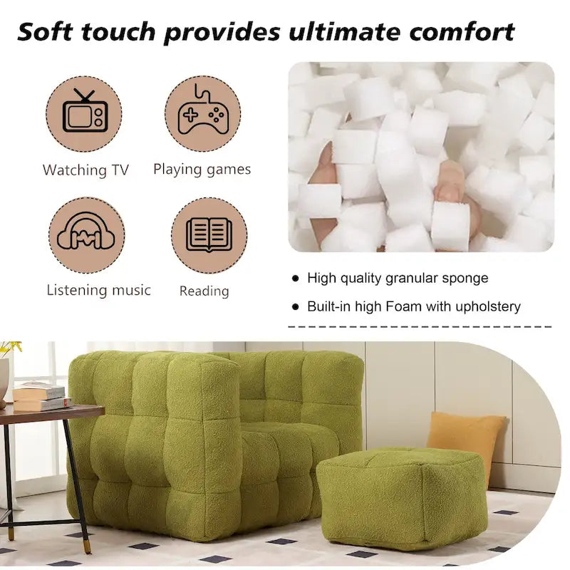 HOMEFUN Poltrona singola moderna trapuntata in Bouclé con pouf