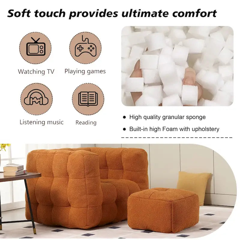 HOMEFUN Poltrona singola moderna trapuntata in Bouclé con pouf