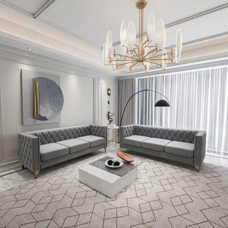 Canapé 3 places 2 pièces en velours, canapé Chesterfield classique avec boutons touffetés, accoudoirs carrés, clous décoratifs et pieds en métal