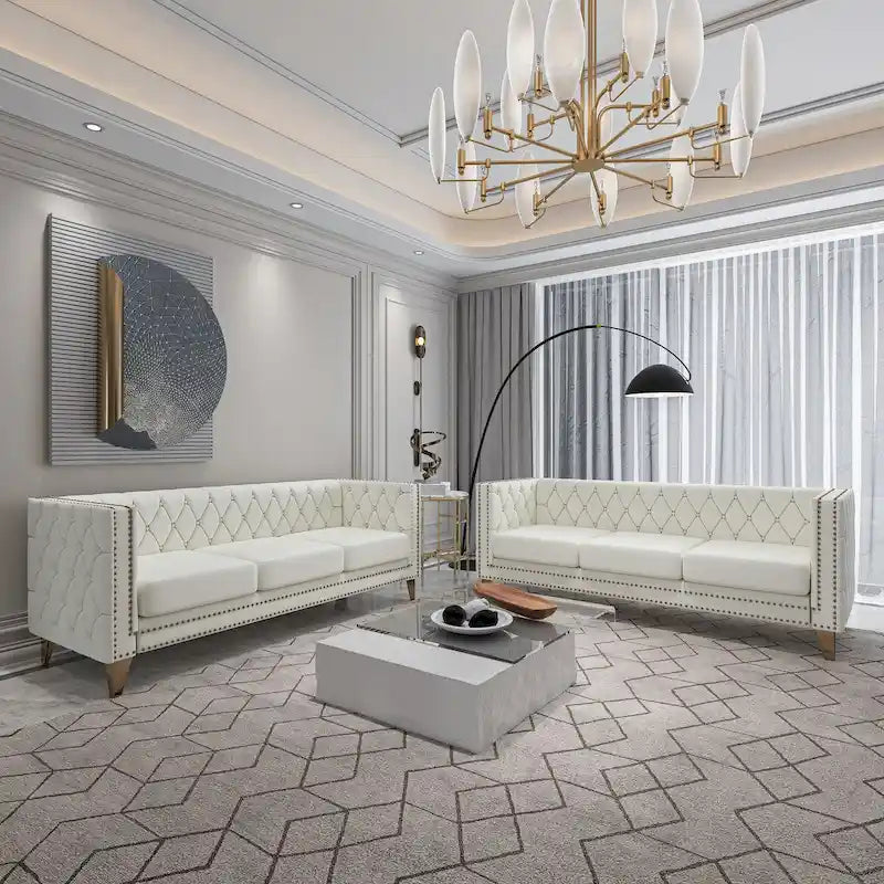 Canapé 3 places 2 pièces en velours, canapé Chesterfield classique avec boutons touffetés, accoudoirs carrés, clous décoratifs et pieds en métal