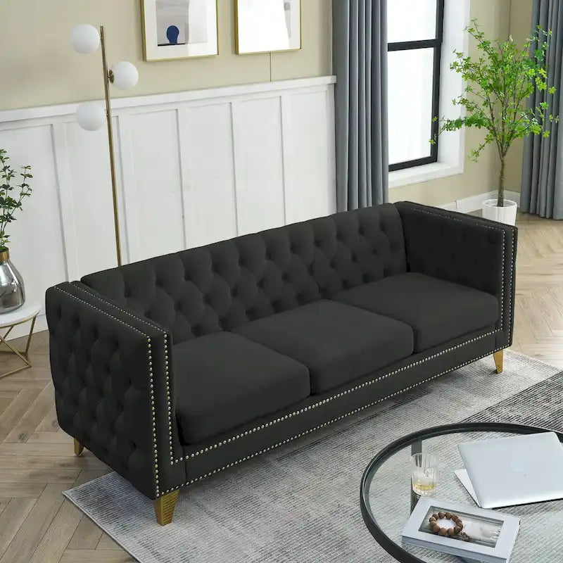 Divano 3 posti in velluto imbottito 2 pezzi, divano classico Chesterfield con bottoni trapuntati, braccioli quadrati, borchie e gambe in metallo