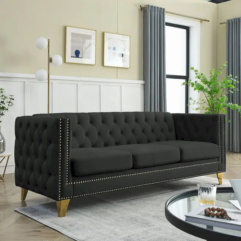Divano 3 posti in velluto imbottito 2 pezzi, divano classico Chesterfield con bottoni trapuntati, braccioli quadrati, borchie e gambe in metallo