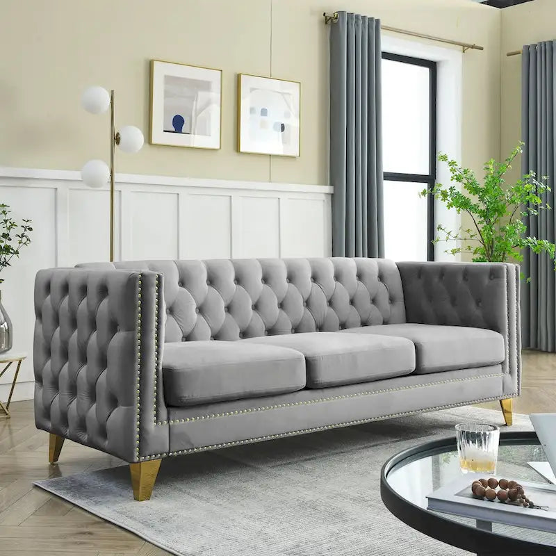 Divano 3 posti in velluto imbottito 2 pezzi, divano classico Chesterfield con bottoni trapuntati, braccioli quadrati, borchie e gambe in metallo