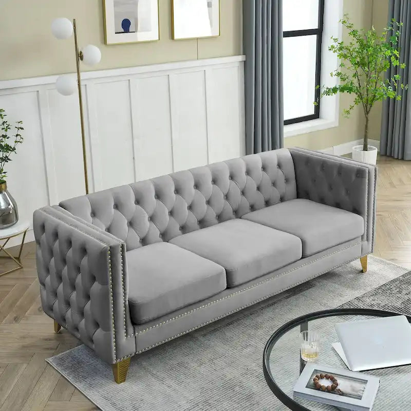 Divano 3 posti in velluto imbottito 2 pezzi, divano classico Chesterfield con bottoni trapuntati, braccioli quadrati, borchie e gambe in metallo