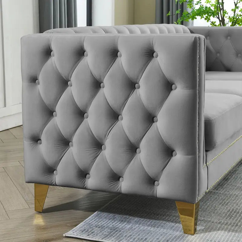Divano 3 posti in velluto imbottito 2 pezzi, divano classico Chesterfield con bottoni trapuntati, braccioli quadrati, borchie e gambe in metallo