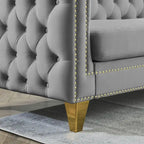 Divano 3 posti in velluto imbottito 2 pezzi, divano classico Chesterfield con bottoni trapuntati, braccioli quadrati, borchie e gambe in metallo