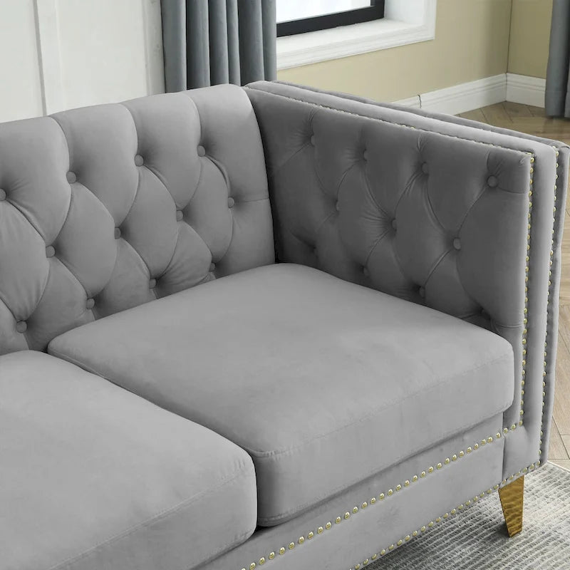 Divano 3 posti in velluto imbottito 2 pezzi, divano classico Chesterfield con bottoni trapuntati, braccioli quadrati, borchie e gambe in metallo