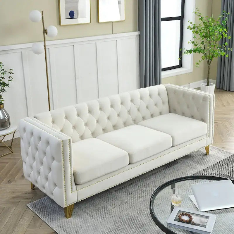 Divano 3 posti in velluto imbottito 2 pezzi, divano classico Chesterfield con bottoni trapuntati, braccioli quadrati, borchie e gambe in metallo
