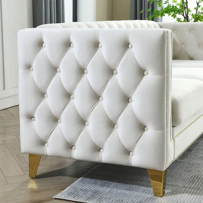 Divano 3 posti in velluto imbottito 2 pezzi, divano classico Chesterfield con bottoni trapuntati, braccioli quadrati, borchie e gambe in metallo
