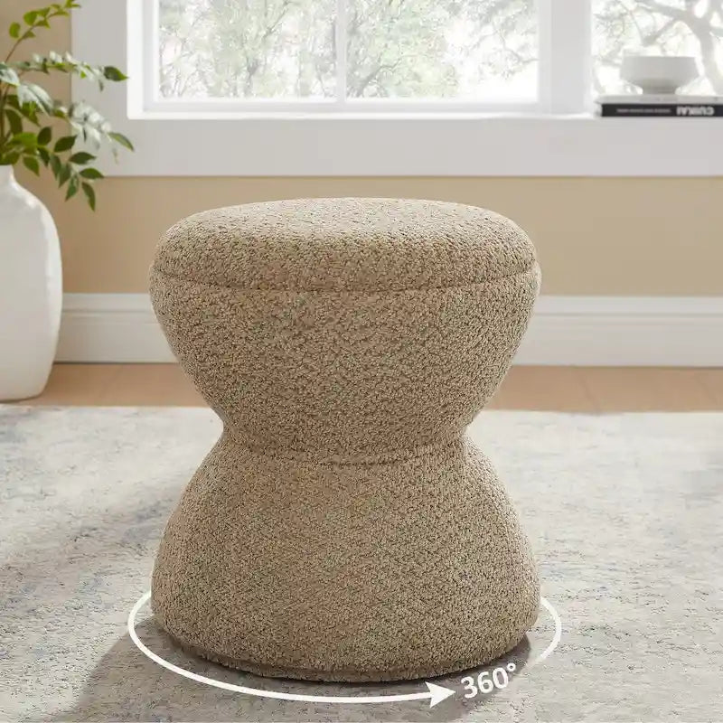 VANOMi Djembe Ottomano Rivestito in Tessuto Bouclé con Base Girevole, Pouf, Sgabello Girevole per Toeletta per Soggiorno, Cabina Armadio