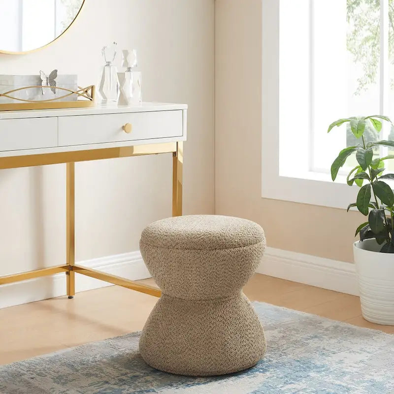 VANOMi Djembe Ottomano Rivestito in Tessuto Bouclé con Base Girevole, Pouf, Sgabello Girevole per Toeletta per Soggiorno, Cabina Armadio
