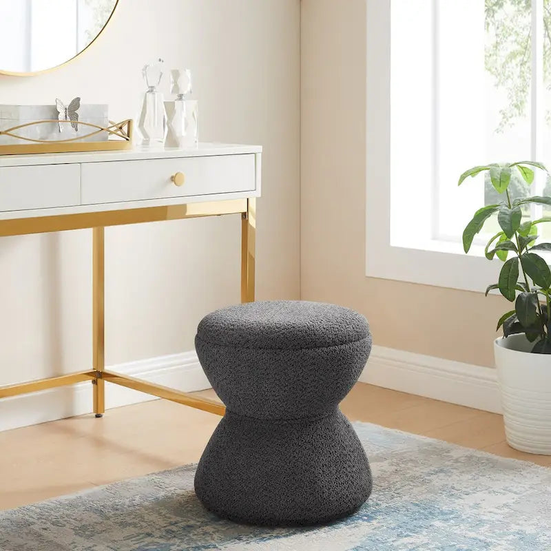 VANOMi Djembe Ottomano Rivestito in Tessuto Bouclé con Base Girevole, Pouf, Sgabello Girevole per Toeletta per Soggiorno, Cabina Armadio