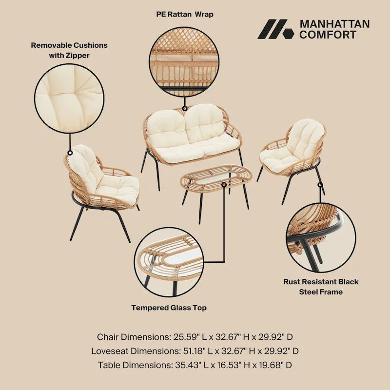 Manhattan Comfort Pine Set Salotto da Esterno Moderno 4 Pezzi