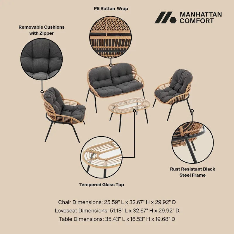 Manhattan Comfort Pine Set Salotto da Esterno Moderno 4 Pezzi