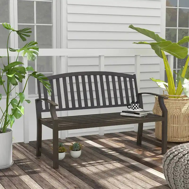 46 Outdoor Garden Bench, Metal Bench, Wood Look Slatted Frame