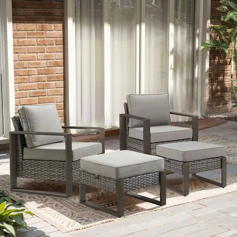 Gymojoy 2 sedie da pranzo in vimini PE con 2 pouf - Grigio