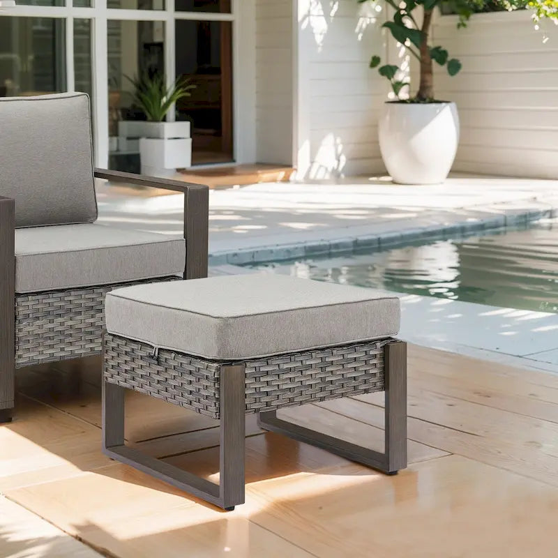 Gymojoy 2 sedie da pranzo in vimini PE con 2 pouf - Grigio